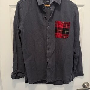 Modern Amusement Charcoal Shirt with Red Plaid Pocket
